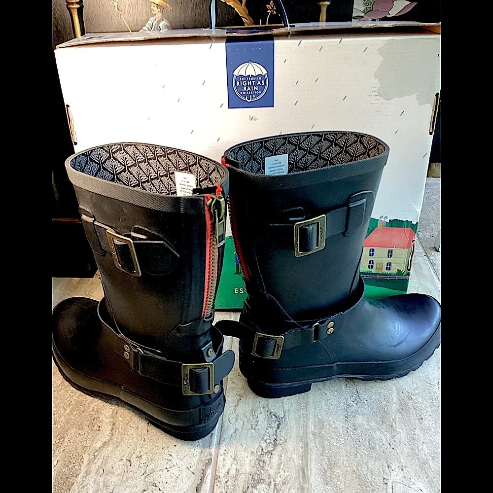 Joules Black Rain Boots with Red Zipper & buckles